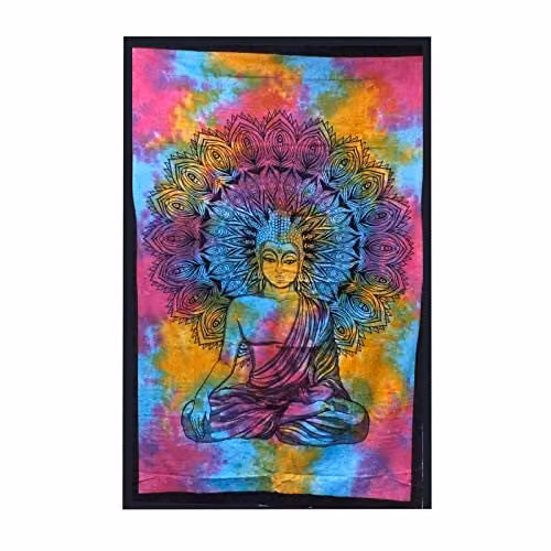 KDMD Peaceful Buddha Double Cotton Bedspread and Wall Hanging Set, Multicolour
