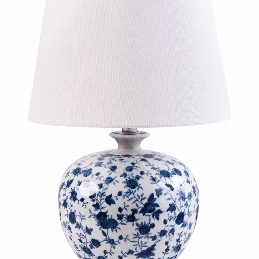 Wyld and Coco Porcelain Floral Table Lamp with White Ceramic Base and Blue Flower Detail – 2
