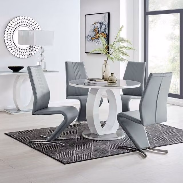 FurnitureboxUK Giovani Round Glass Dining Table and Four Willow Chairs Set in Grey