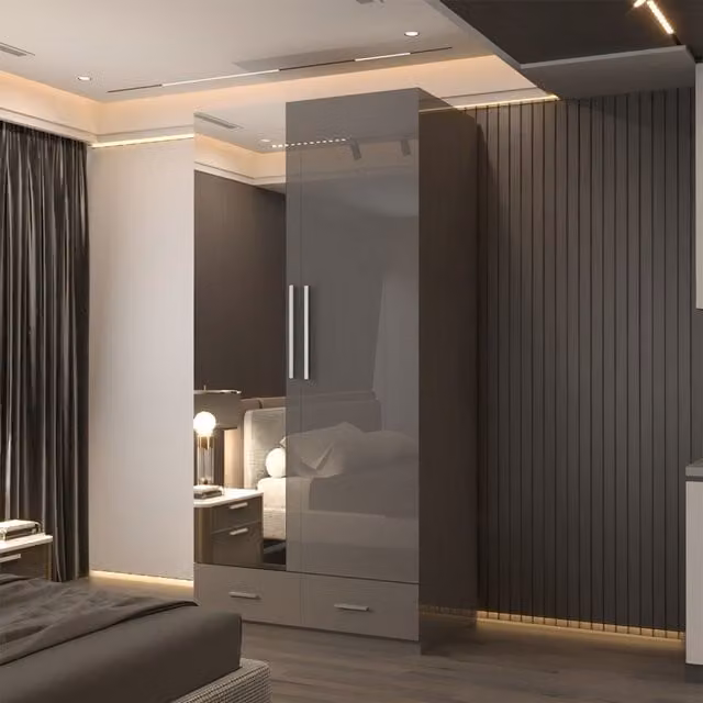 Sliding Wardrobes 4U High Gloss 2-Door Wardrobe with Mirror and Drawers in Grey, W: 90 cm, H: 200 cm, D: 50 cm