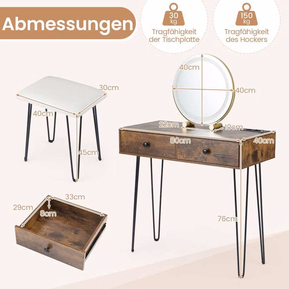 Costway Vanity Desk and Stool Set with Hollywood LED Mirror in Brown – 2