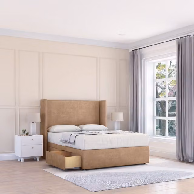 Sloomy Devonshire Naples Wingback Bed Set with 2 Drawers and Floor Standing Headboard in Light Sand, Small Double, W/D/H: 120 x 200 x 25 cm