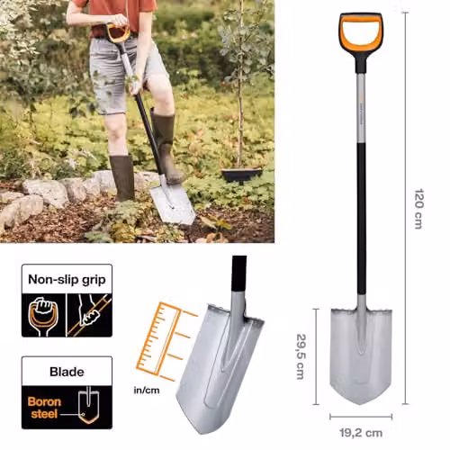 Fiskars Xact Pointed Gardener's Spade for Hard and Stony Soils with Reinforced Boron Steel Blade, Black/Orange, Length: 120 cm – 2