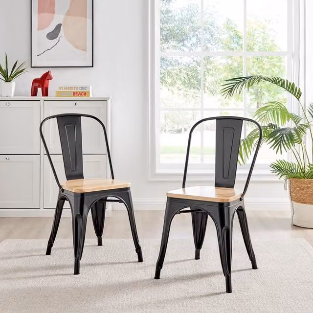 FurnitureboxUK Colton Stackable Industrial Metal and Pine Wood Kitchen Dining Chair in Black