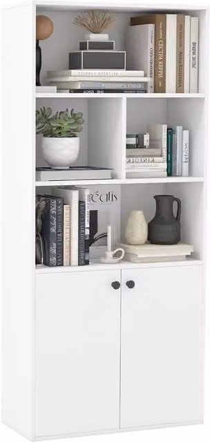 Costway 5-Tier Minimalist Bookcase with Double Doors in White