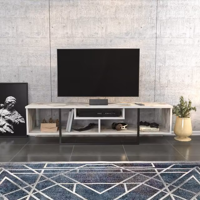 Asal Minimalist Abstract TV Unit in White Marble Effect and Black, W: 120 cm