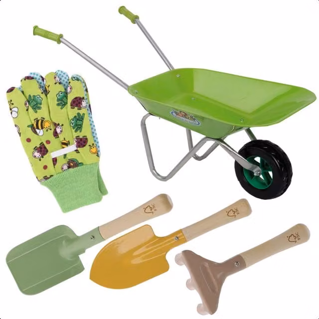 Idooka Kids Gardening Tool Set with Wheelbarrow and Gloves in Green