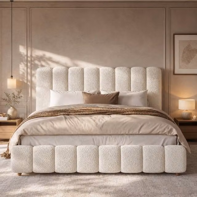 BTM Super King Bouclé Upholstered Ottoman Bed with Hydraulic Storage in White – 1