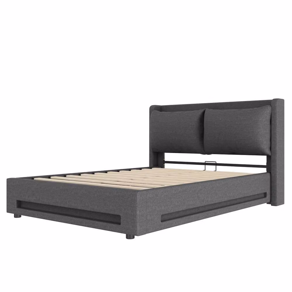 BTM King Size Upholstered Linen Bed in Grey with Bedside Shelf, LED Lighting, USB-C Charging Port and Hydraulic Lift, W/D/H: 150 x 200 x 152.4 cm – 8