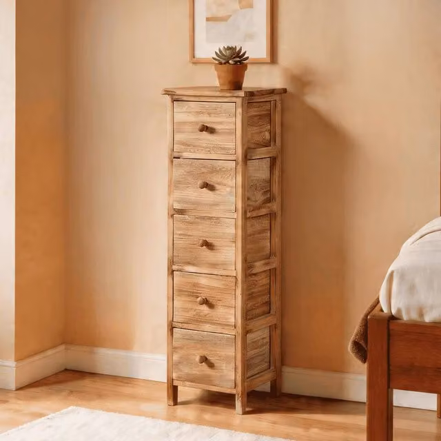 Home Source 5 Drawer Wooden Tallboy Storage Organiser in Sand