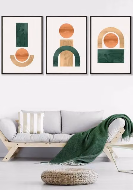 ARTZE Set of 3 Mid Century Abstract Geometric Wall Art with Black Frames in Green, Yellow and Orange, W: 33 cm, H: 45 cm, D: 2 cm