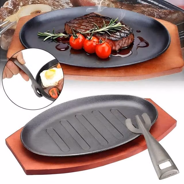 NESTLUNE Large Cast Iron Sizzle Platter and Wood Serving Plate, Black, W: 100 cm, D: 60 cm – 1