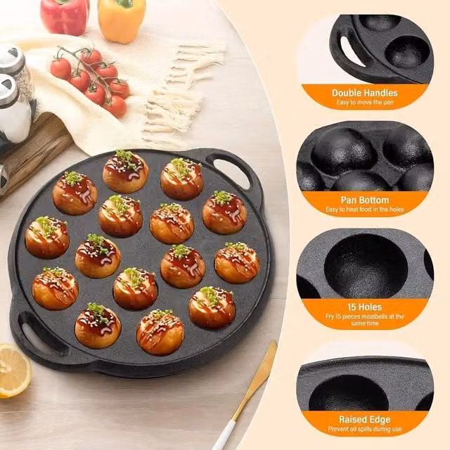EONLION Black Cast Iron 15-Hole Mini Pancake and Crepe Pan with Double Handles, 23 cm