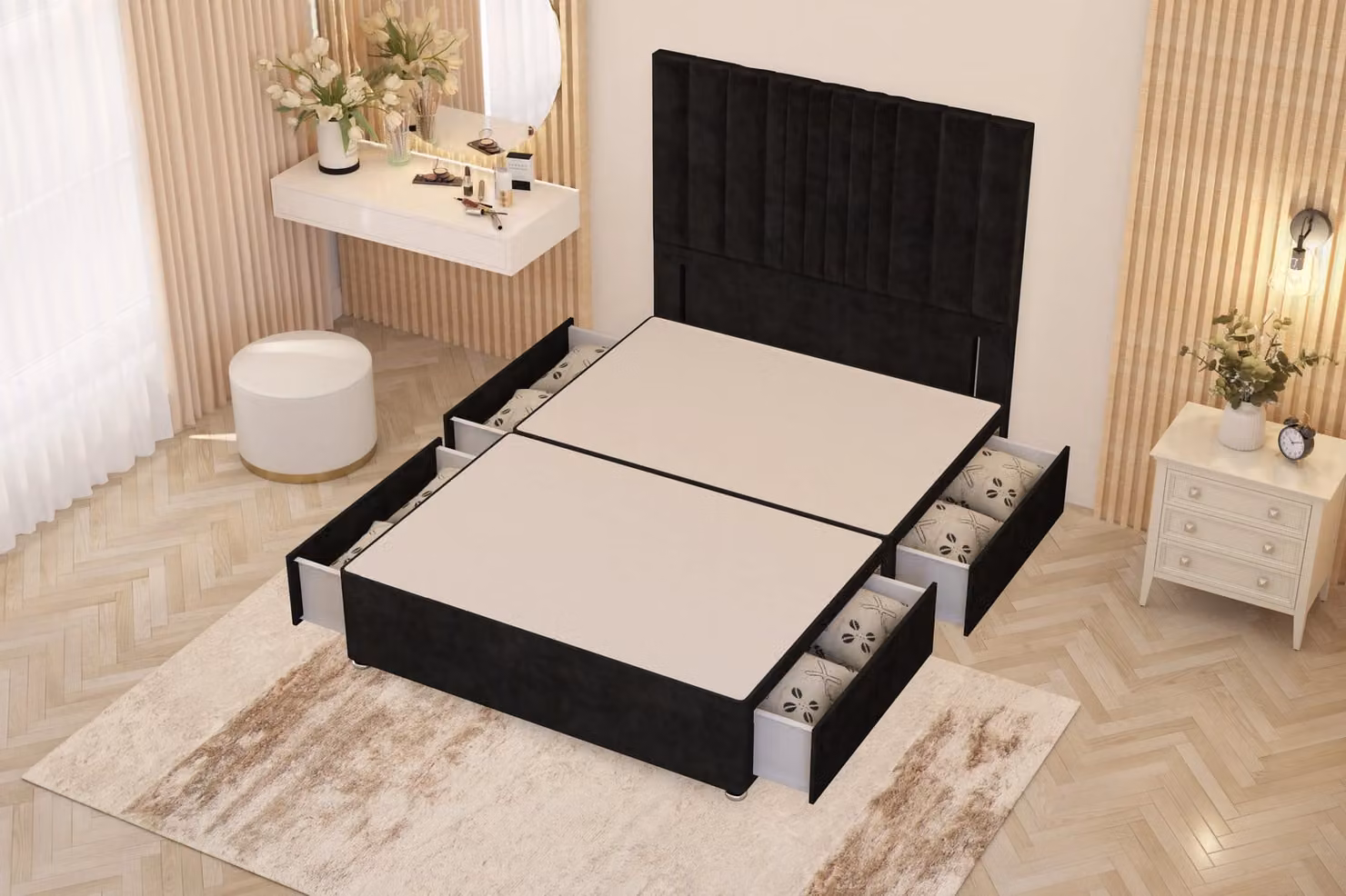Somnior Alexas King Size Divan Bed with 4 Drawers and Floor Headboard in Black Plush Velvet, W/D/H: 180 x 200 cm – 2
