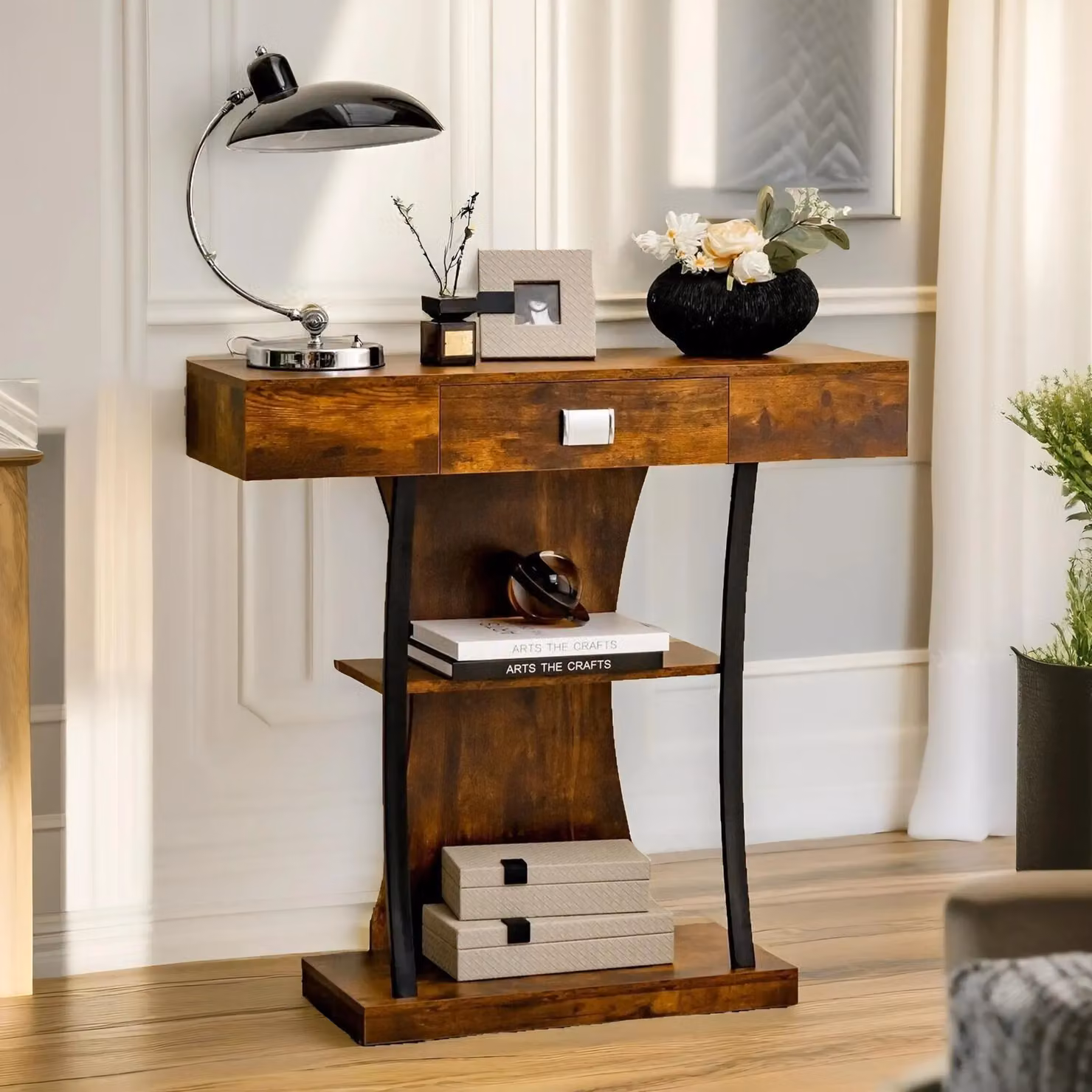 Pirlo Plush Industrial T-Shaped Console Table in Rustic Brown with Metal and Wood Construction, W/D/H: 87 x 30 x 30 cm – 2