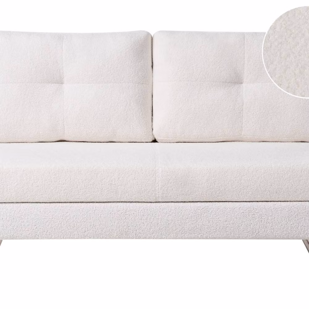 Wyld and Coco 3 Seater Bouclé Sofa Bed in Off-White with Adjustable Headrest and Metal Frame, 140 x 200 cm – 2