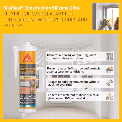 Sika SikaSeal Construction Silicone Ultra Waterproof Expansion Joint and Perimeter Pointing Sealant, White, 300ml – 3