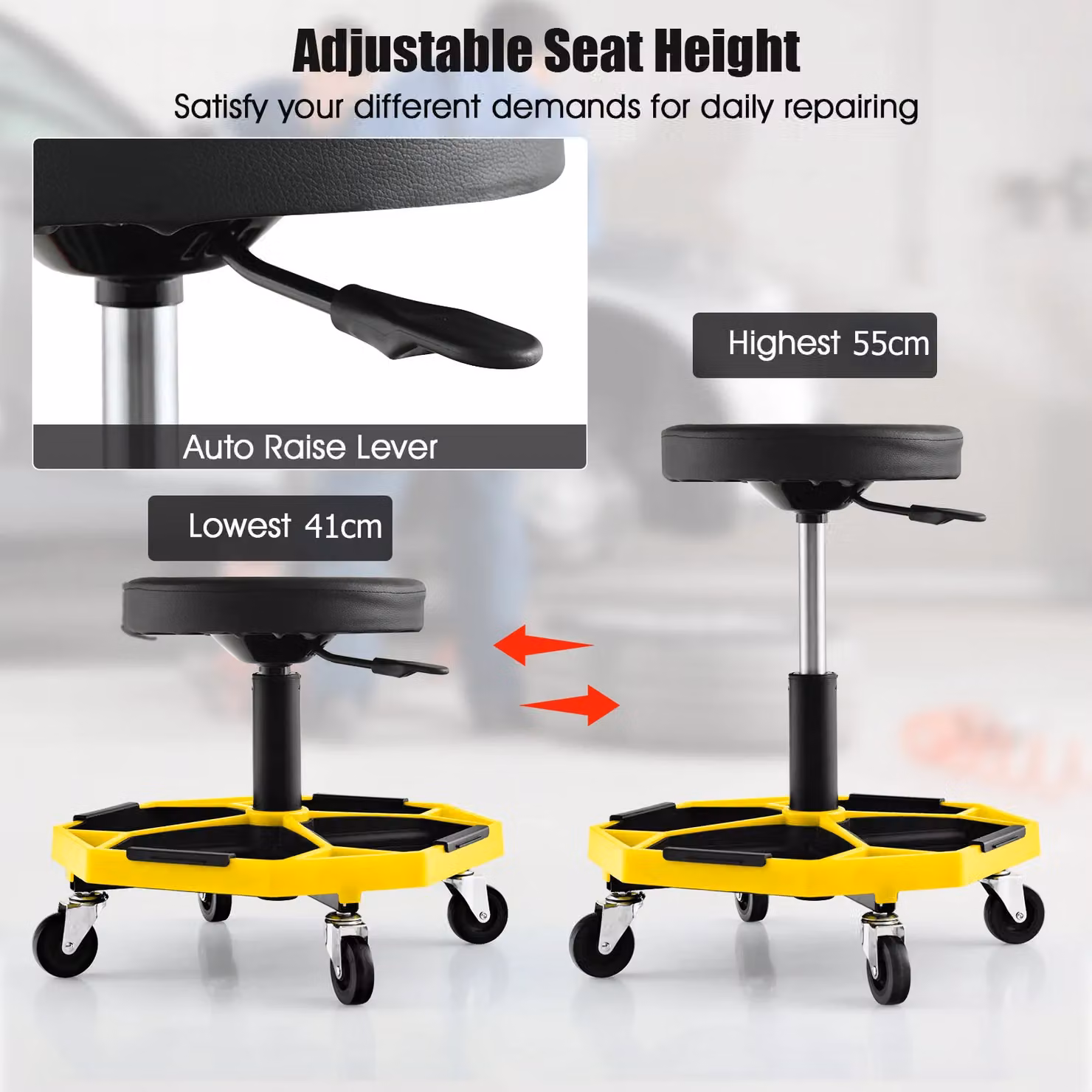 Gymax Yellow Pneumatic Rolling Garage Stool with Padded Seat and Tool Tray, 150 kg Capacity – 4