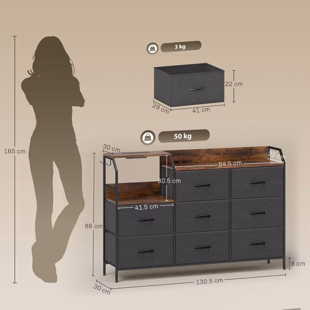 HOMCOM Fabric Chest of Drawers with Integrated Charging Station in Rustic Brown and Black – 3