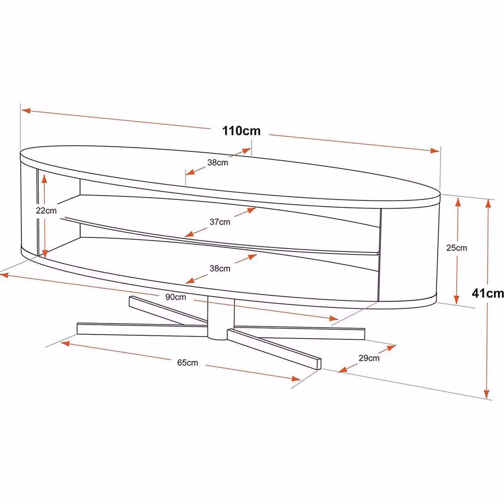 MDA Designs ORBIT Gloss Black Elliptic Glass TV Stand, W: 110.0 cm, D: 38.0 cm, H: 41.0 cm – 6