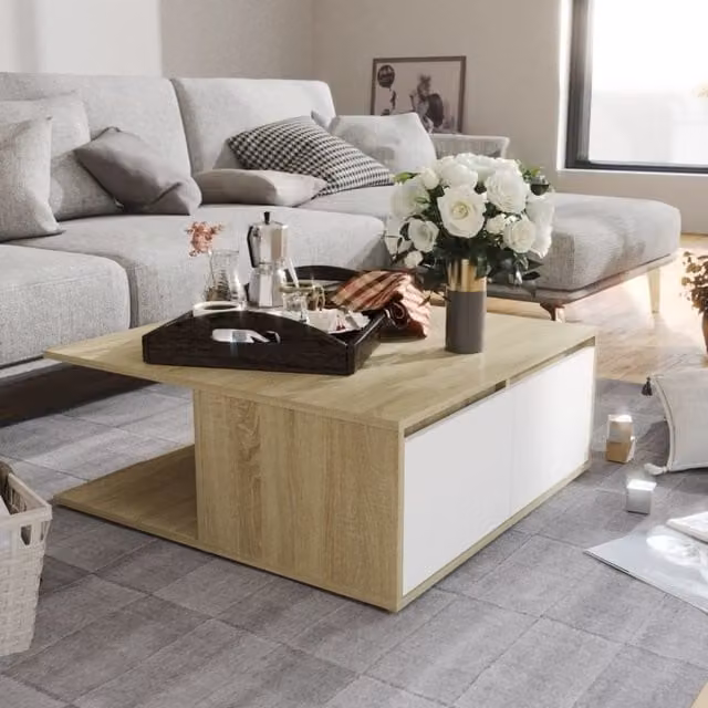 Berkfield Home Square Coffee Table in White and Sonoma Oak, W/D/H: 80 x 80 x 31 cm – 1