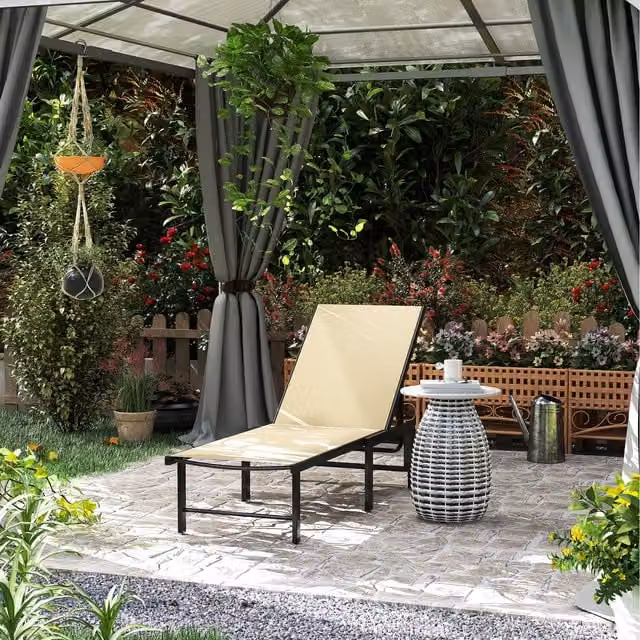 Outsunny 5-Level Reclining Garden Sun Lounger in Beige and Brown with Textilene Fabric and Powder Coated Steel Frame