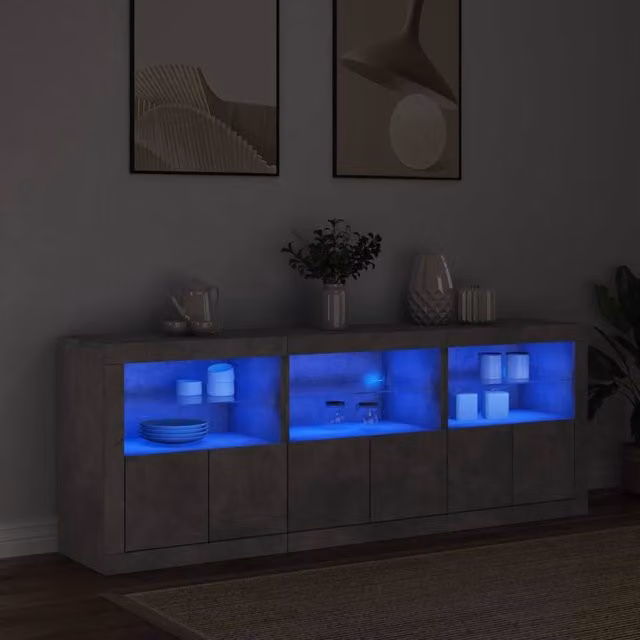 Berkfield Home Modern Sideboard with Integrated LED Lights in Concrete Grey, W: 181.5 cm, D: 37 cm, H: 67 cm
