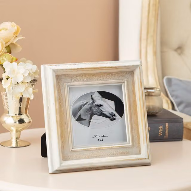Livingandhome White Shabby Chic Distressed Wood and Plastic Single Square Tabletop Photo Frame