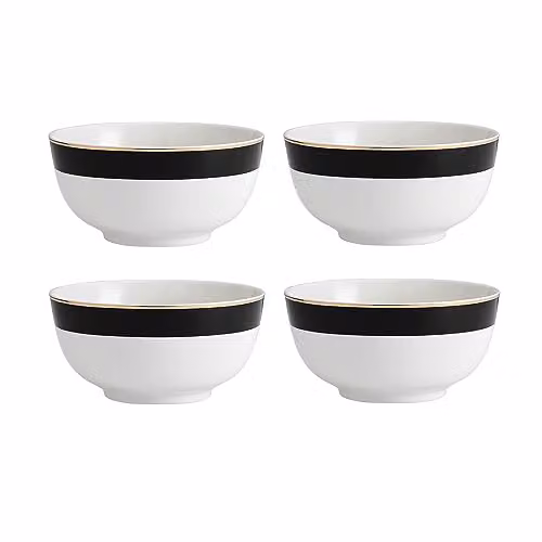 Mikasa Luxe Deco 4pc Bone China Cereal Bowl Set in White, Black and Gold with Geometric Design, Diameter: 14 cm