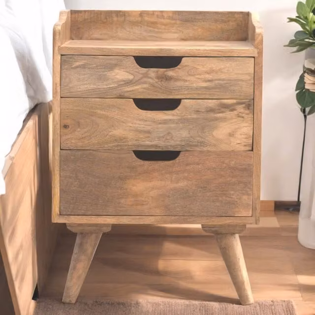 Artisan Furniture Solid Mango Wood 3 Drawer Gallery Bedside Table in Brown