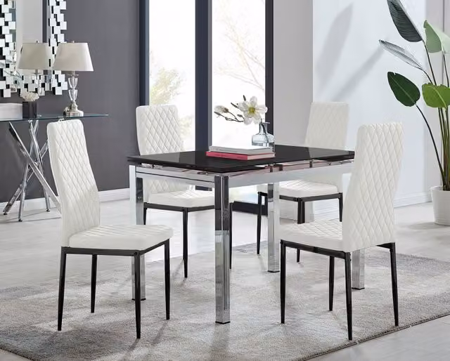 FurnitureboxUK Enna Black Glass Extending Rectangular Dining Table and 4 Milan Black Leg Chairs in White