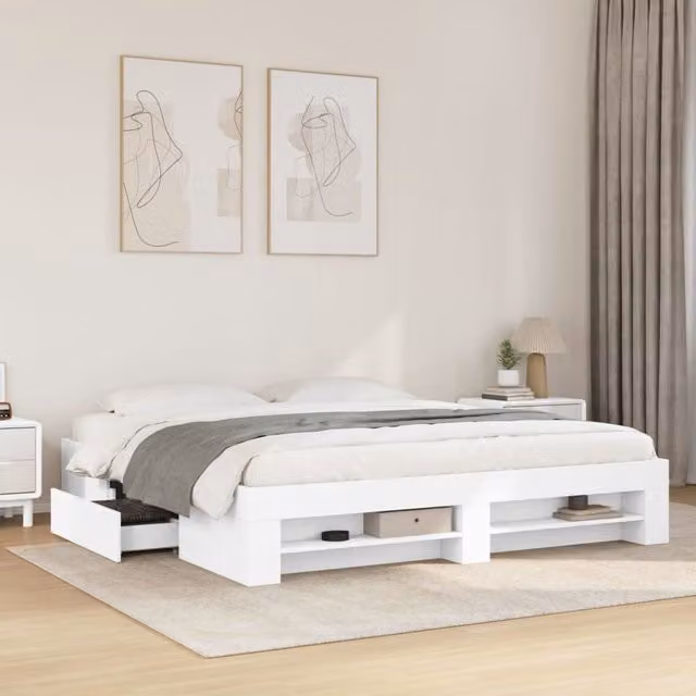 Berkfield Home White Engineered Wood Bed Frame with Drawers, W/D/H: 200 x 200 cm