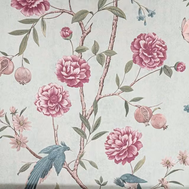 Arthouse Chinoise Floral Wallpaper with Birds and Fruit in Grey, Green and Purple