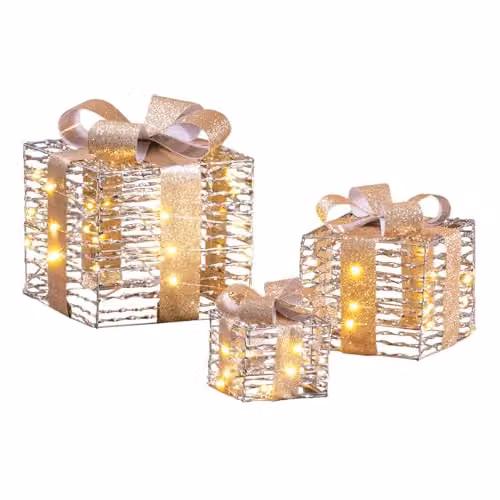 The Christmas Workshop Light-Up Gold and Silver Gift Box Set of 3 with Warm White LED Lights and Timer Function – 1