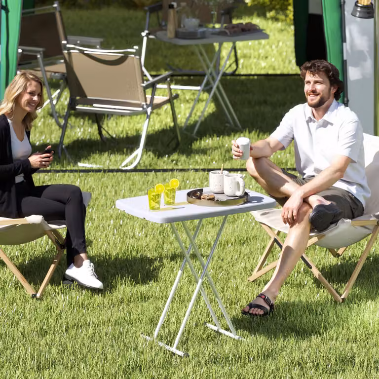 Outsunny Height Adjustable Folding Coffee Table with White HDPE Top and Metal Frame for Garden, Balcony or Terrace