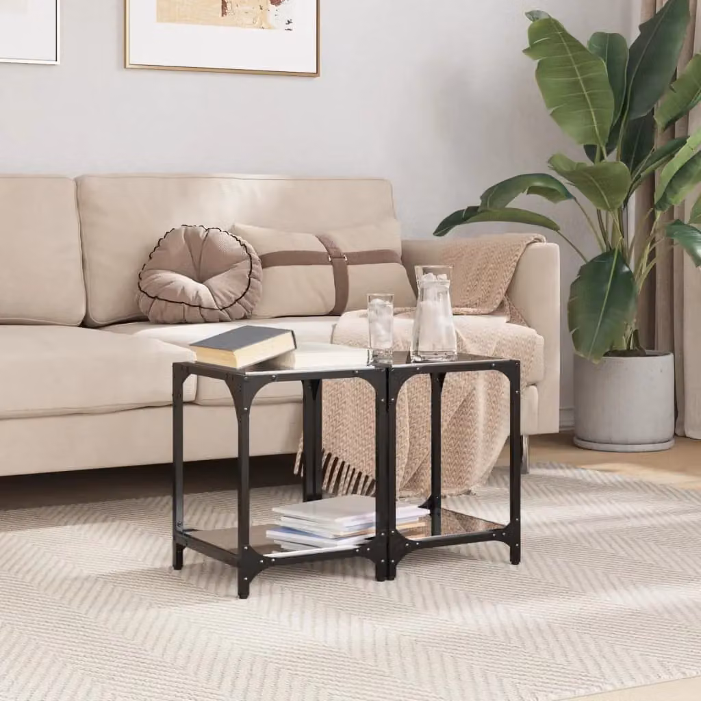 Berkfield Home Set of 2 Modern Square Coffee Tables with Black Glossy Glass Tops and Steel Legs, W/D/H: 30 x 30 x 40 cm – 3