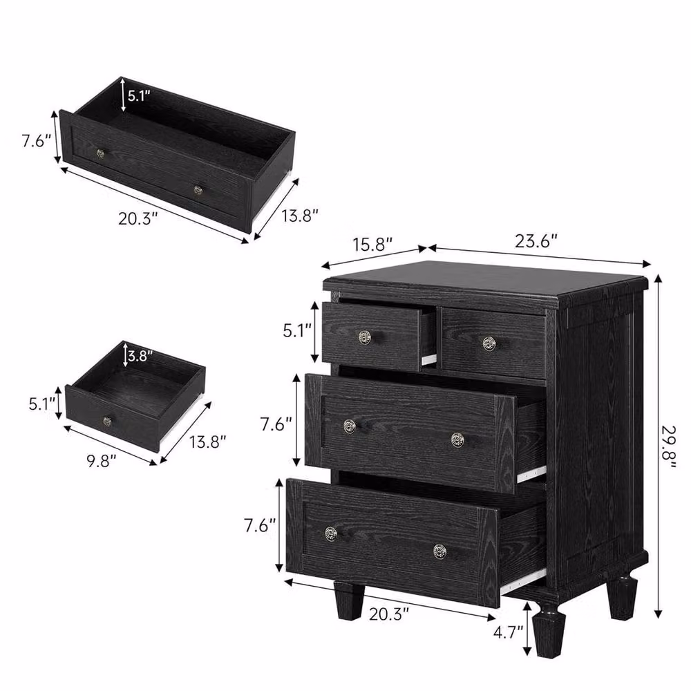 VOGREX 4 Drawer Wood and Metal Dresser in Black – 2