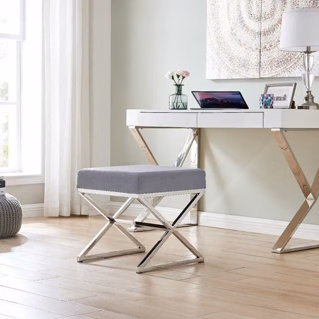 FurnitureboxUK Oxford Modern Grey Velvet and Silver Chrome Cube Stool