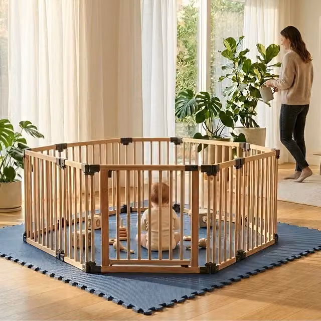 Safetots Hexagonal Wooden Play Den with Soft Foam Play Mat, Dusty Blue and Natural, W/D/H: 180 x 150 x 80 cm