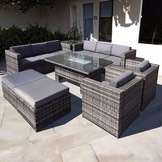 Oseasons Malta Rattan 10 Seat U-Shape Rising Firepit Set in Walnut Grey