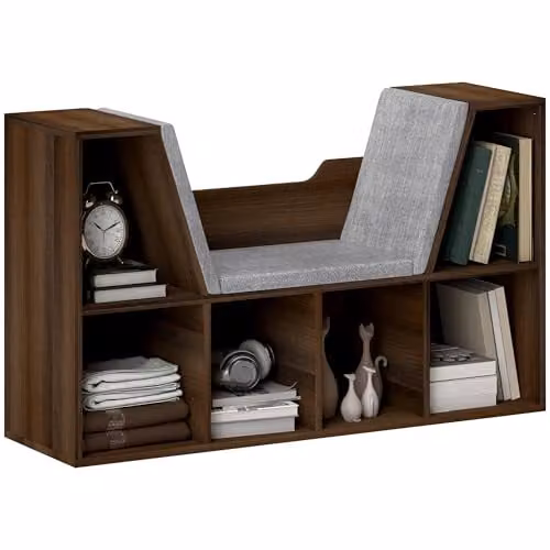 HOMCOM Six-Cube Bookcase Storage Shelf with Cushioned Reading Seat, Brown, W/D/H: 102 x 30 x 61 cm – 1