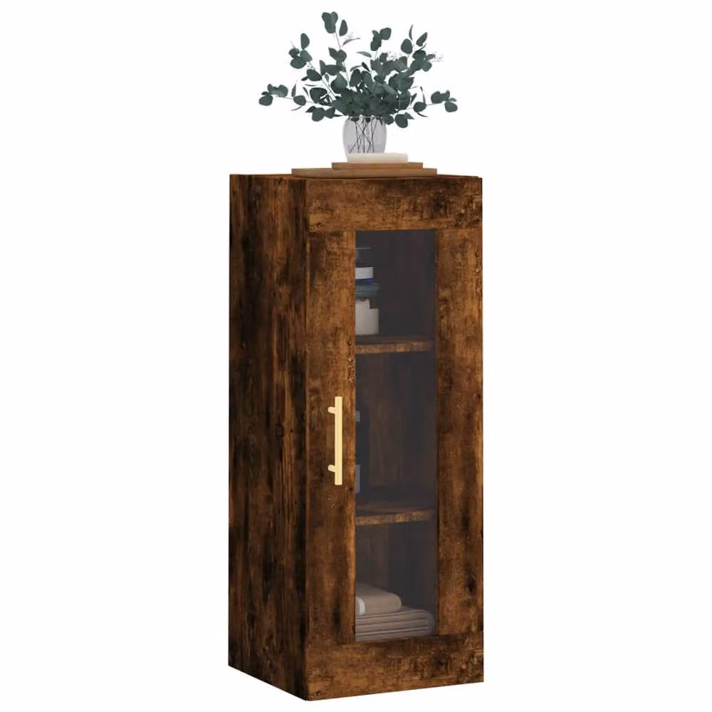 Berkfield Home Wall Mounted Smoked Oak Cabinet with Glass Doors in Brown, W/D/H: 34.5 x 34 x 90 cm – 3