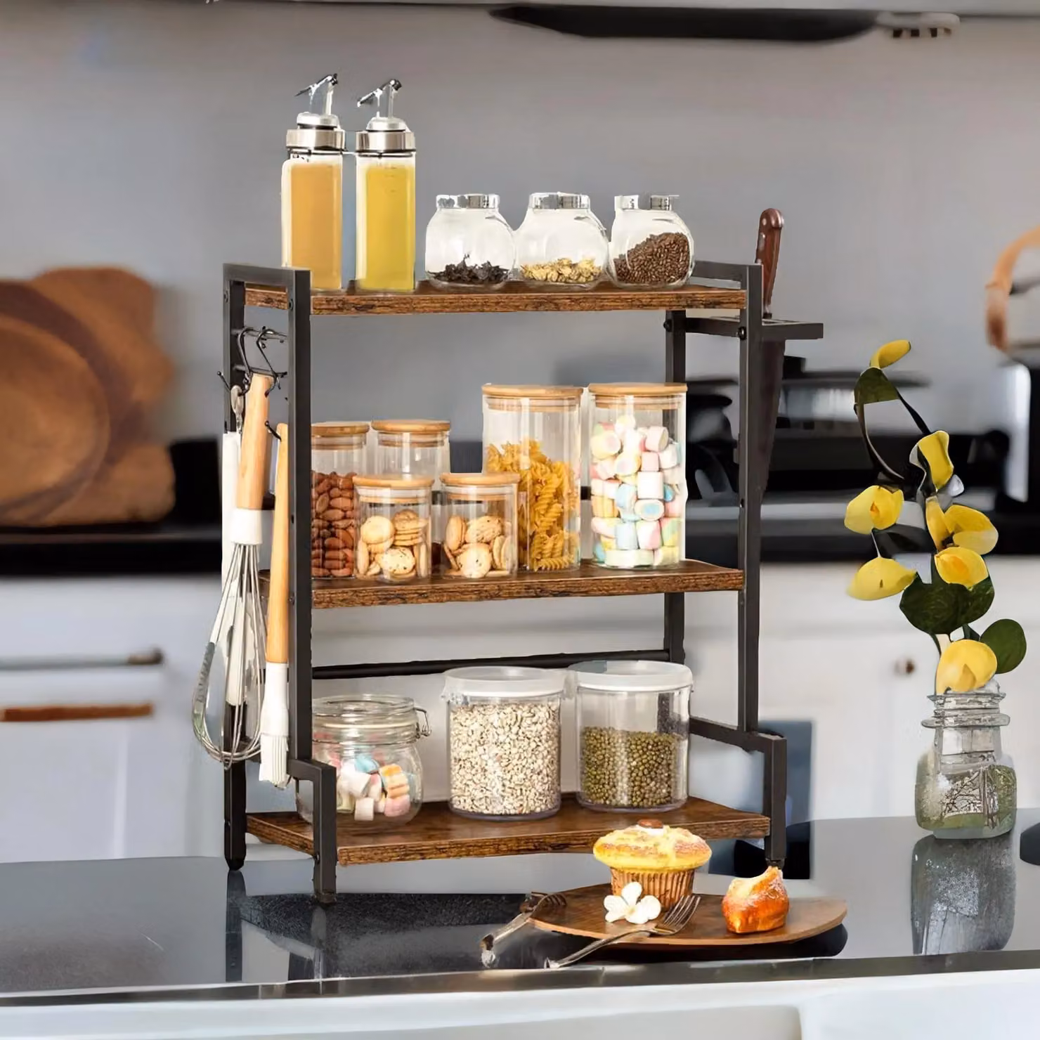Rafaelo Mobilia Industrial Countertop Spice Rack in Brown with Adjustable Shelves, W/D/H: 51.0 x 43.0 x 20.0 cm – 4