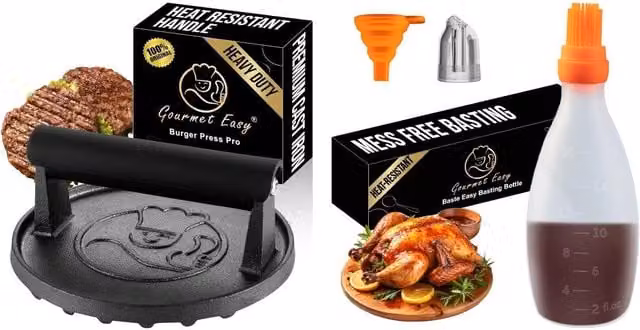 Gourmet Easy Cast Iron Smash Burger Press and Silicone Baste Bottle Set in Black