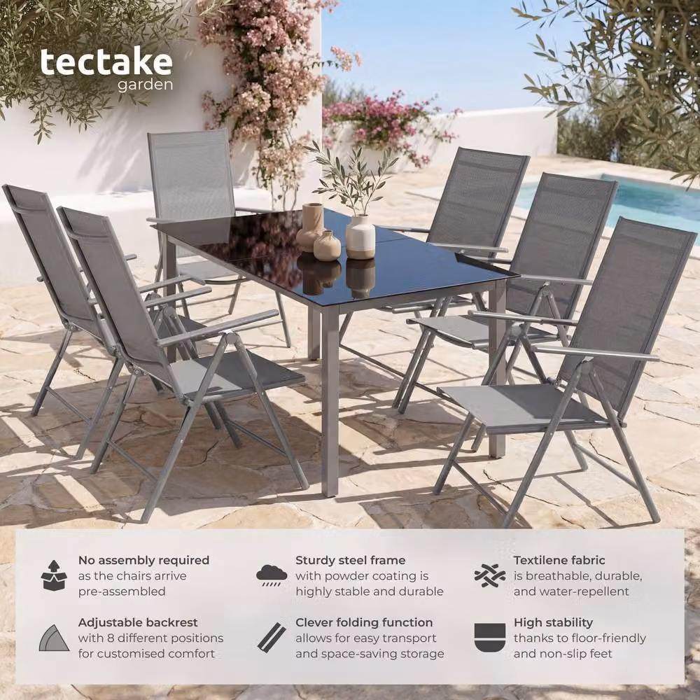 tectake Set of 6 Folding Garden Chairs with Adjustable Backrests and Armrests in Grey Textilene Fabric and Powder Coated Steel – 2