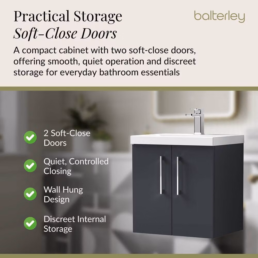 Balterley Modern Wall Hung Bathroom Vanity Unit with Soft Close Doors and Rectangular Mid-Edge Basin, Dark Grey, W: 60 x D: 39 x H: 61 cm – 3