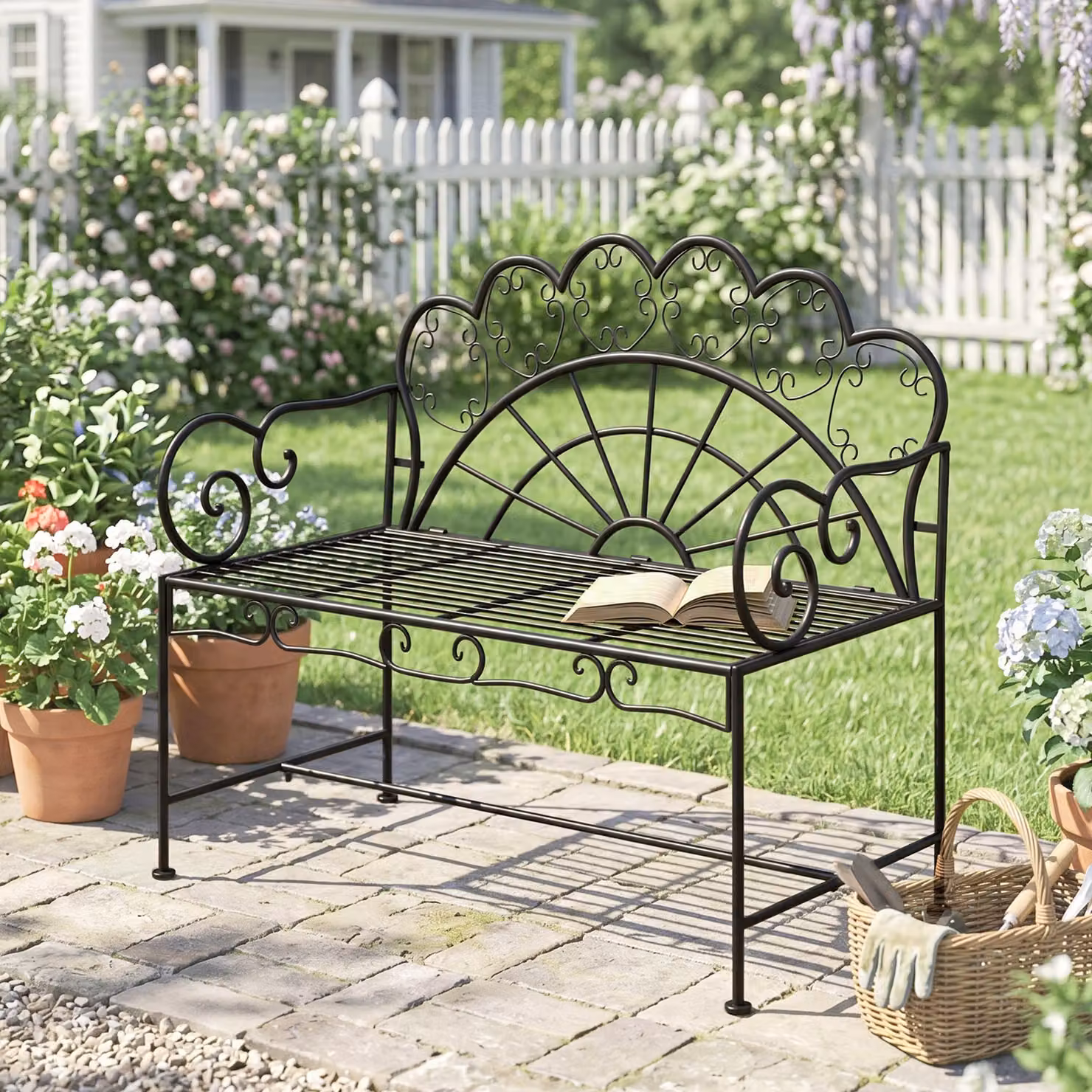 Outsunny Metal Garden Bench Loveseat with Slatted Seat in Matt Black – 2