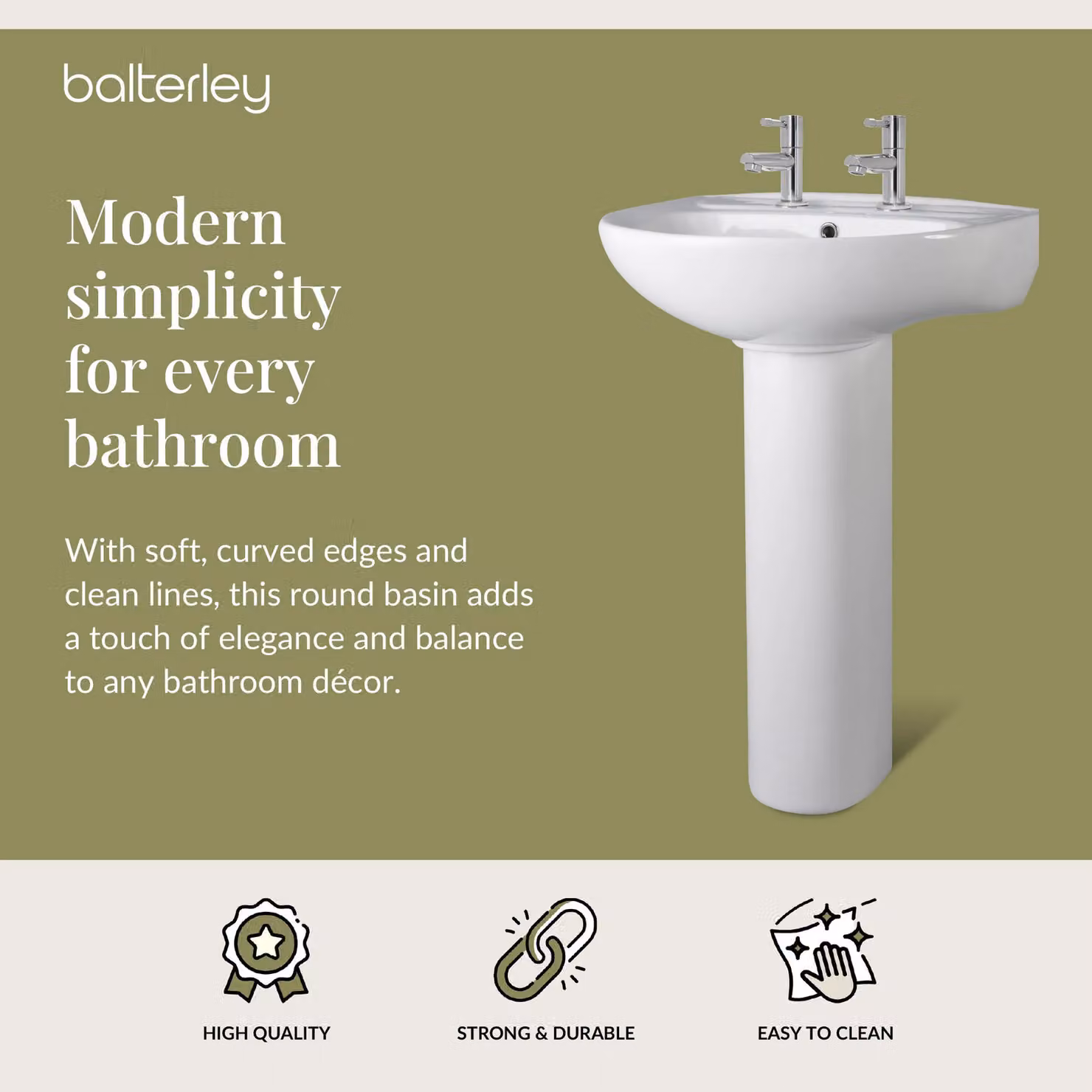 Balterley Adley Round 2 Tap Hole Ceramic Basin with Full Pedestal and White Pillar Tap, W: 550 mm – 2