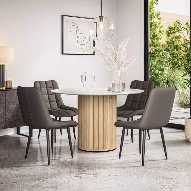 More4Homes Arlo White Marble Effect Round Dining Table with Oak Legs and 6 Grey Nova Faux Leather Dining Chairs, W/D/H: 120 x 120 x 75 cm