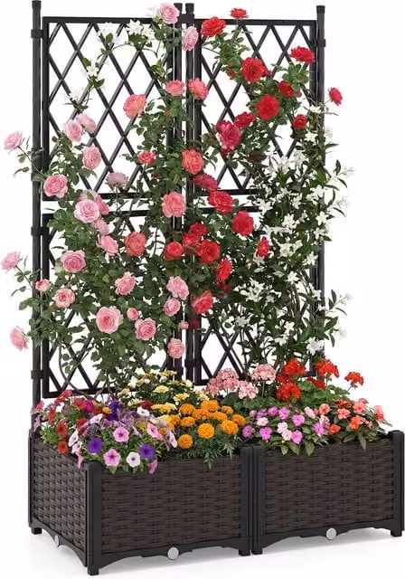COSTWAY 2 Piece Raised Garden Bed with Trellis in Black